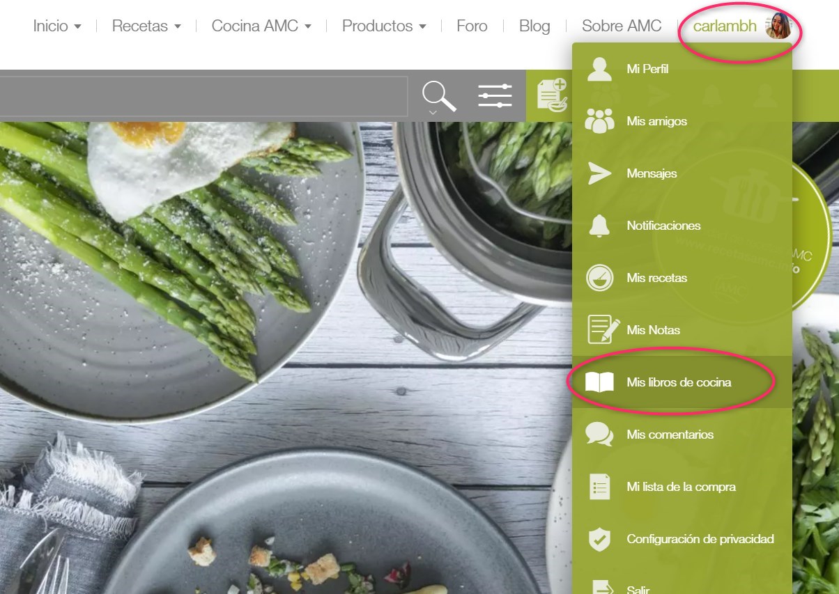 Coloca el cursor encima de tu foto de perfil o nombre, se abrirá un desplegable, haz clic en: mis libros de cocina