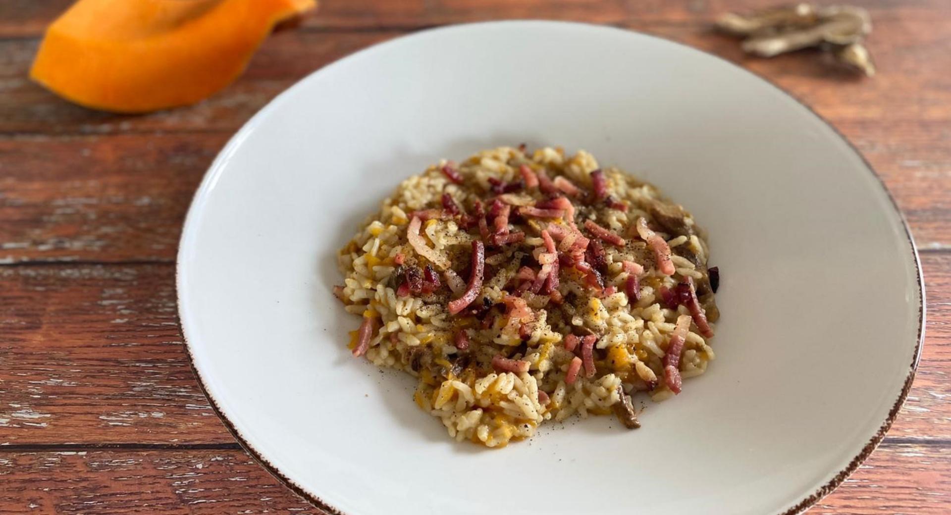 Risotto de calabaza, setas y bacon