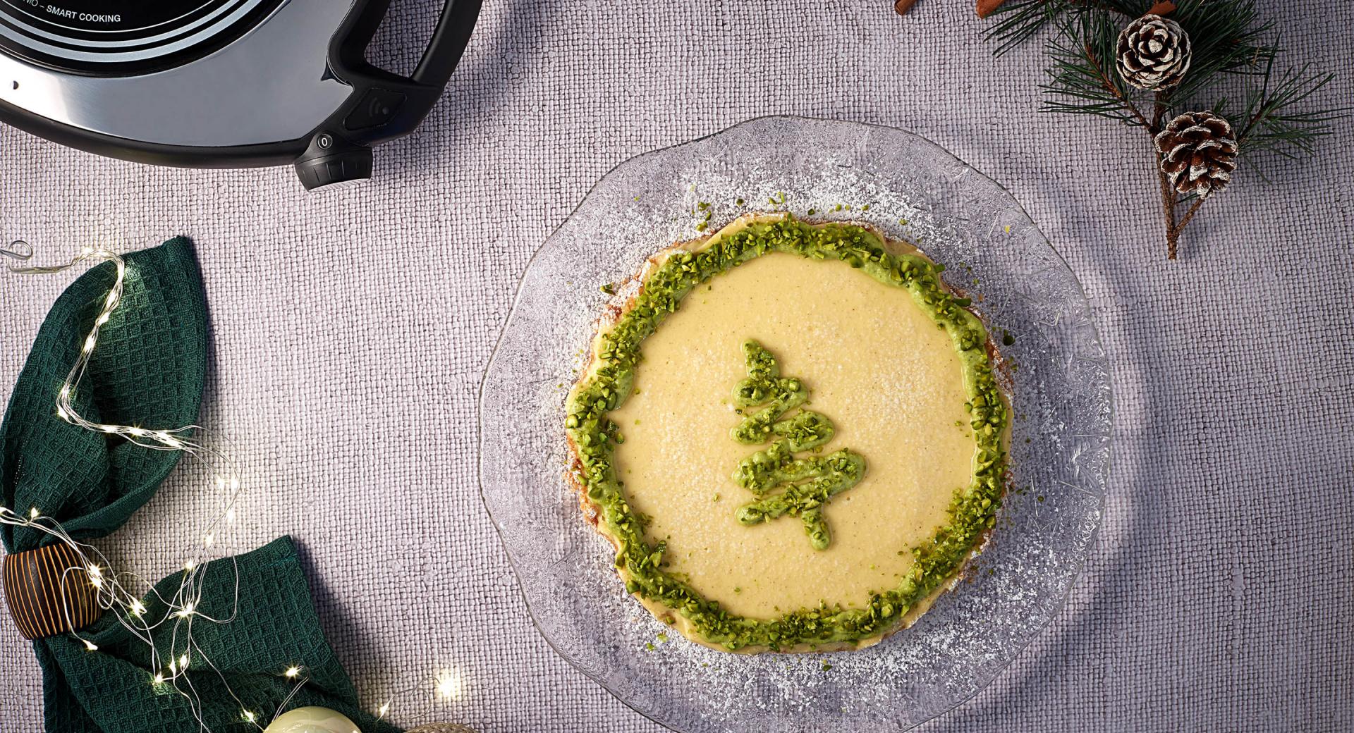 Tarta de queso con chocolate blanco y pistachos