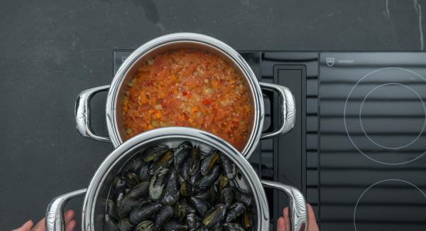 Arrancar y picar las hojas de orégano, mezclar con la salsa de tomate y sazonar al gusto con sal y pimienta. Retirar los mejillones cerrados y servir el resto con la salsa de verduras.